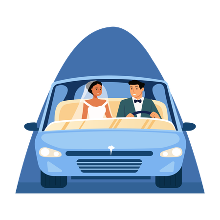 Newly Married Couple in car  Illustration