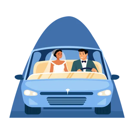 Newly Married Couple in car  Illustration