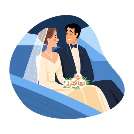 Newly Married Couple sitting in car  Illustration