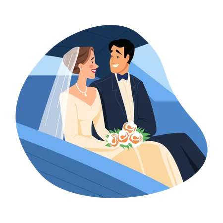 Newly Married Couple sitting in car  Illustration