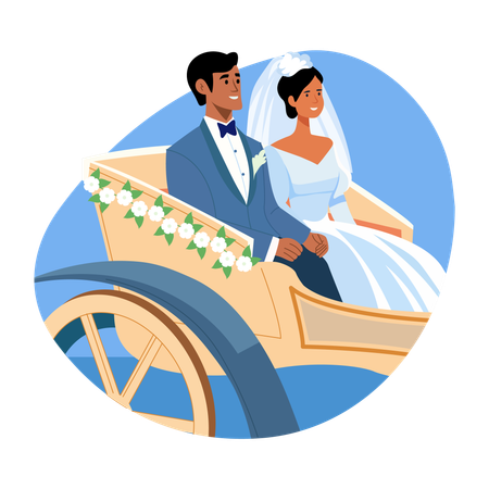 Newly Married Couple sitting in Wedding carriage  Illustration