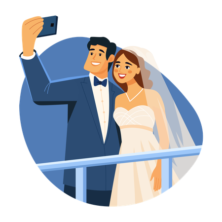 Newly Married Couple taking Wedding selfie  Illustration