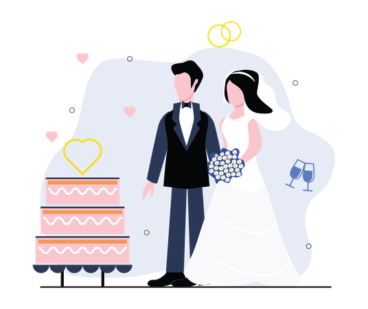 Newly wedded couple cutting cake Illustration