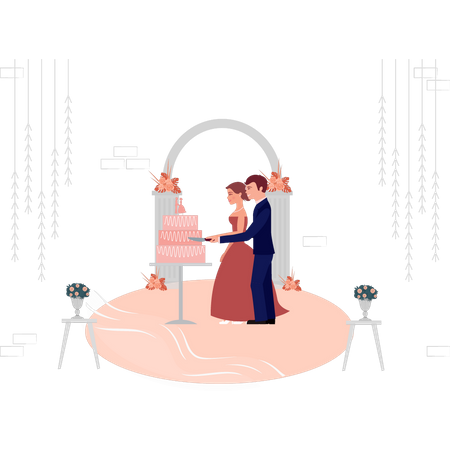 Newly wedded couple cutting cake  Illustration