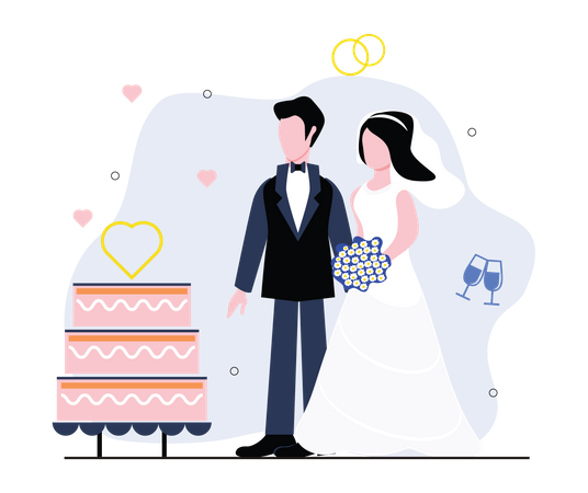 Newly wedded couple cutting cake  Illustration