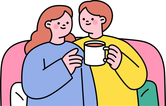 Newly wedded couple drinks coffee together  Illustration