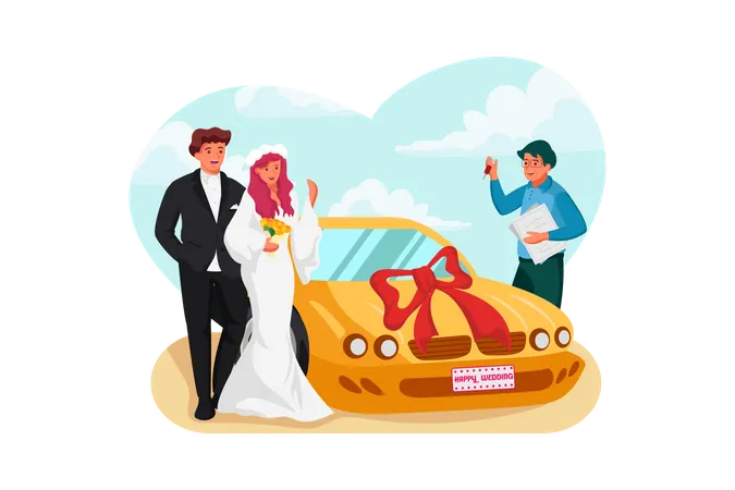 Newly wedded couple received car on wedding day Illustration