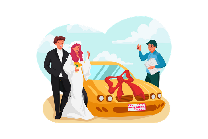 Newly wedded couple received car on wedding day  Illustration