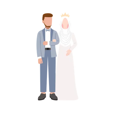 Newly wedded muslim couple standing together Illustration