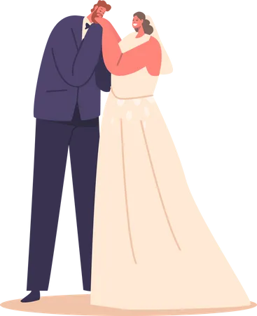 Loving And Radiant Newlywed Couple Characters Dressed In Elegant Wedding Attire Sharing A Tender Embrace And Kissing Basking In The Ambiance Of Their Special Day Cartoon People Vector Illustration Illustration