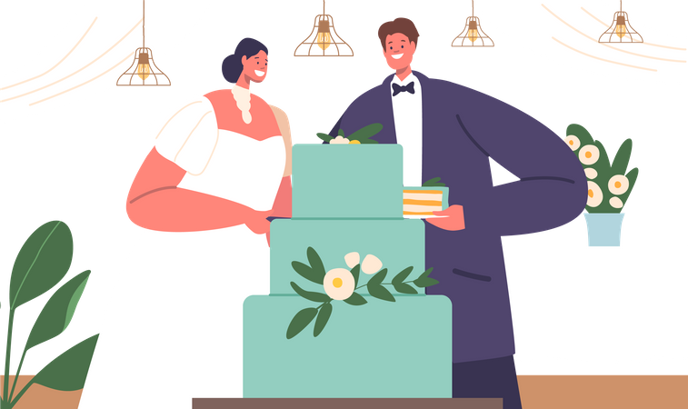 Newly wedding couple Cutting Cake Together  Illustration