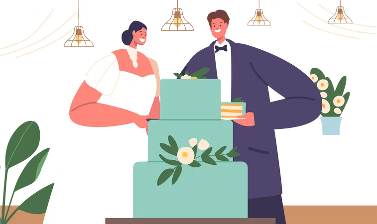 Newlywed Characters Cutting Cake Together Symbolizing Their Union And Sharing A Sweet Moment As They Embark On Their Journey Of Love And Togetherness Cartoon People Vector Illustration Illustration
