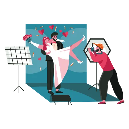 People Work As Photographers Scene Concept Man Makes Wedding Photo Session To Bride And Groom In Studio Profession And Hobby People Activities Vector Illustration Of Characters In Flat Design Illustration