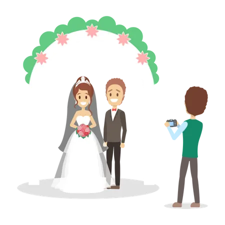 Wedding Couple In The Photostudio Making Photoshoot For Memory Happy Beautiful Bride And Handsome Groom Flat Vector Illustration Illustration