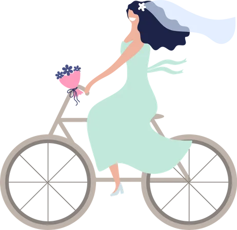 Newlywed bride riding bicycle  Illustration