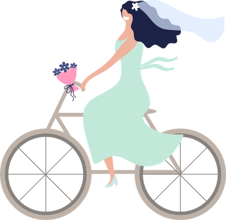 Newlywed bride riding bicycle  Illustration