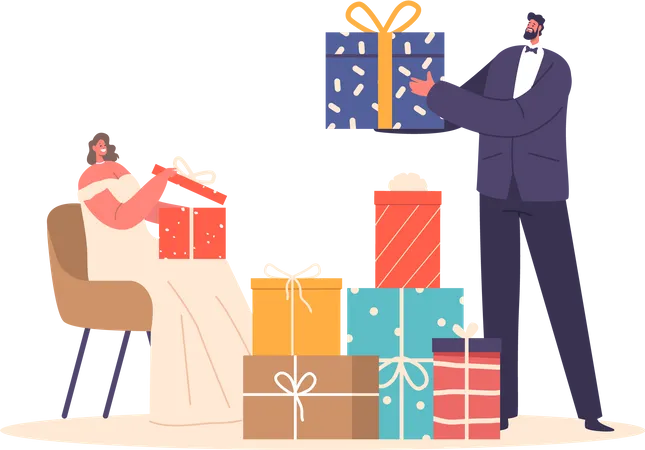 Newlywed Characters Eagerly Unwrap Gifts Sharing Joyful Moments As They Reveal Thoughtful Presents From Loved Ones Creating Cherished Memories Of Their Special Day Cartoon People Vector Illustration Illustration