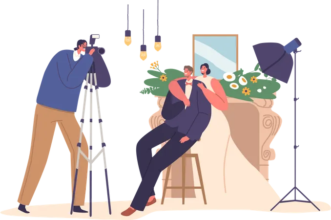 Newlywed Couple Radiates Happiness In A Studio Striking Poses For The Photographer Their Love And Joy Captured In Every Frame A Timeless Memory Of Special Day Cartoon People Vector Illustration Illustration