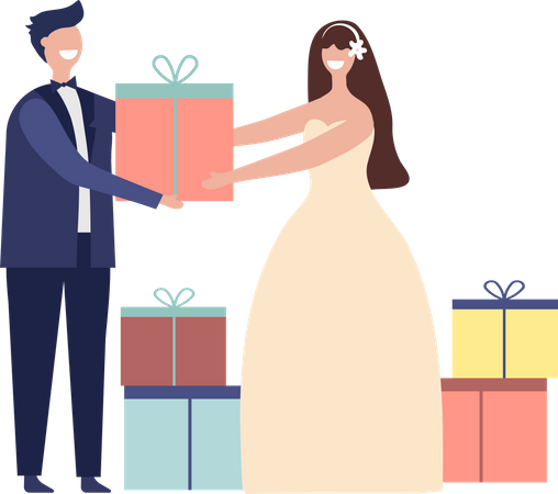 Newlywed couple sharing gifts  Illustration