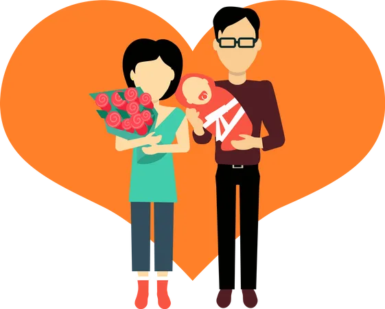 Happy Family Concept Banner Design Flat Style Young Family Man And A Woman With A Newborn Baby And A Bouquet Of Flowers Mother And Father With Child Happiness Lifestyle Vector Illustration Illustration