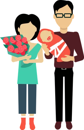 Happy Family Concept Banner Design Flat Style Young Family Man And A Woman With A Newborn Baby And A Bouquet Of Flowers Mother And Father With Child Happiness Lifestyle Vector Illustration Illustration