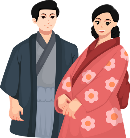 Newlywed Japanese Couple Illustration