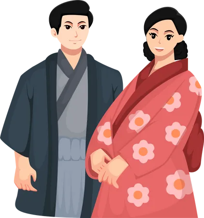 Newlywed Japanese Couple Illustration