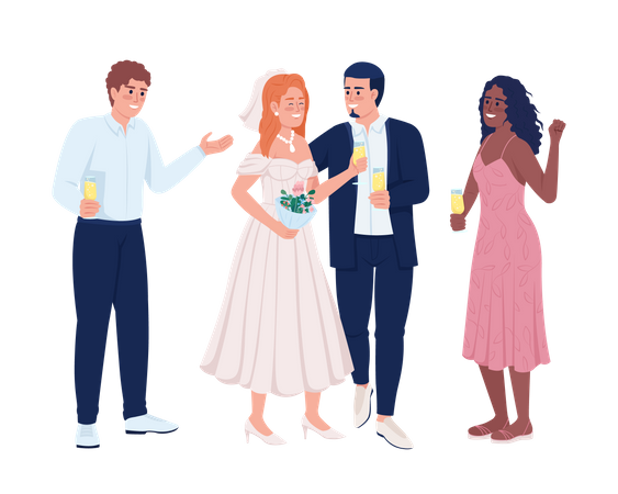Newlyweds celebrating wedding event with friends Illustration