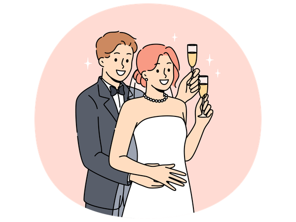 Newlyweds couple standing in embrace and hold glasses of champagne during wedding ceremony  Illustration
