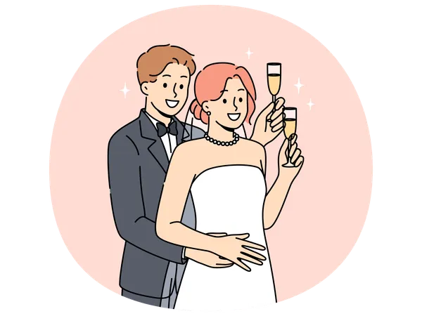 Newlyweds couple standing in embrace and hold glasses of champagne during wedding ceremony  Illustration