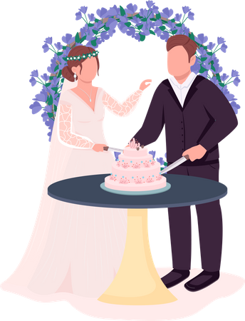 Newlyweds cut cake at reception Illustration