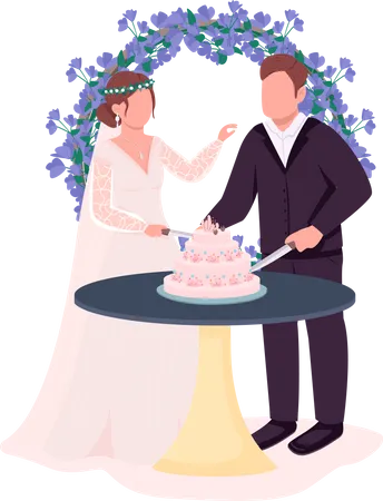 Newlyweds Cut Cake At Reception Semi Flat Color Vector Characters Interacting Figures Full Body People On White Wedding Isolated Modern Cartoon Style Illustration For Graphic Design And Animation Illustration