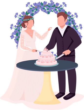 Newlyweds cut cake at reception  Illustration