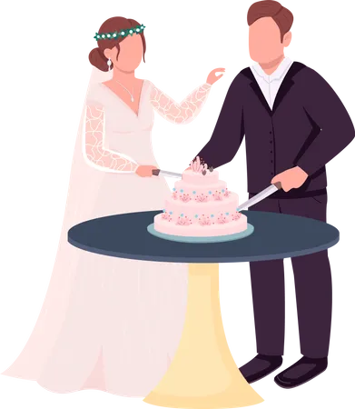 Newlyweds Cutting Cake Semi Flat Color Vector Characters Dynamic Figures Full Body People On White Wedding Tradition Isolated Modern Cartoon Style Illustration For Graphic Design And Animation Illustration