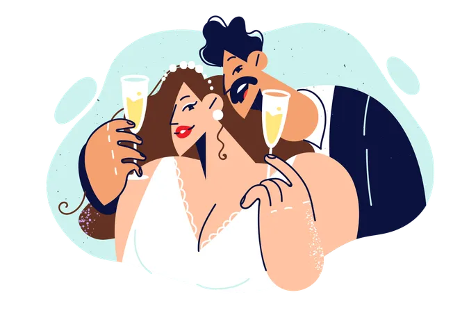 Newlyweds Drink Champagne At Wedding Ceremony And Make Toast Wishing Themselves Happy Family Life Newlyweds Pose For Joint Portrait Of Bride And Groom With Glasses Of Sparkling Wine In Hands Illustration