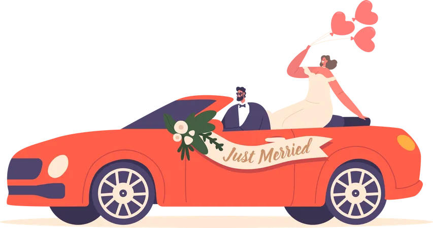 Newlyweds Drive A Decorated Car Celebrating Their Marriage With Just Married Sign Symbolizing Their Joyous Journey Ahead Happy Bride And Groom Characters Cartoon People Vector Illustration Illustration