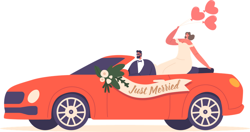 Newlyweds Drive A Decorated Car  Illustration