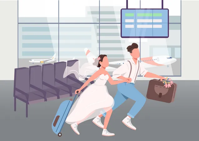 Newlyweds in airport terminal  Illustration