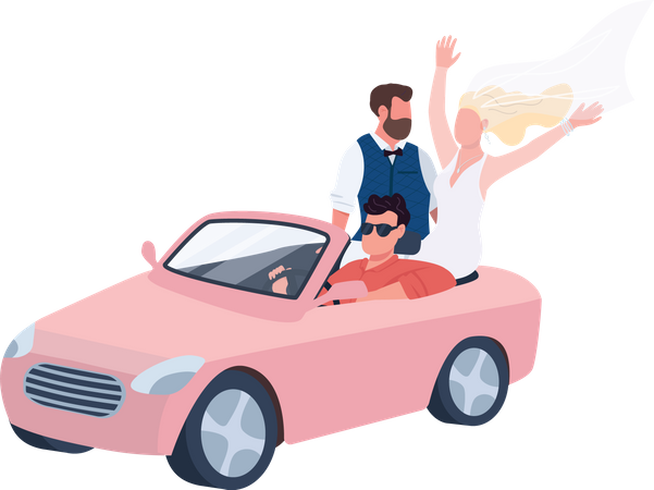 Newlyweds riding in car  Illustration