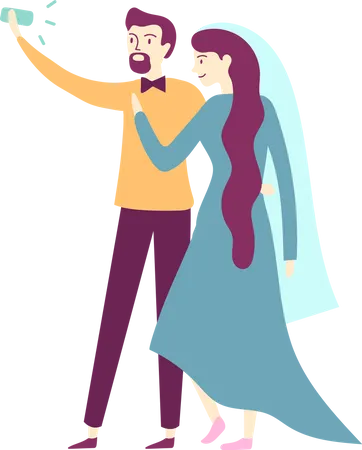 Young Happy Bride And Groom Taking Selfie On Smartphone Illustration