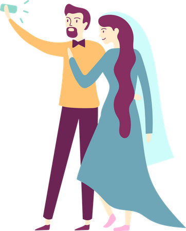 Newlyweds taking selfie on smartphone  Illustration