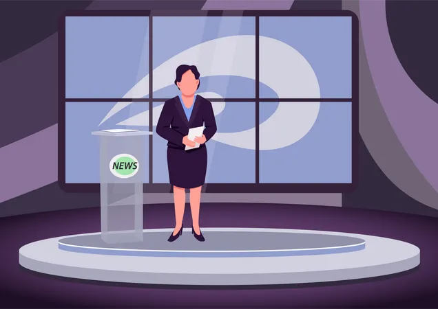News Analysis Flat Color Vector Illustration Female Newscaster Expert Professional Anchorwoman 2 D Cartoon Character With Studio On Background Analytical Television Program Studio Report Illustration