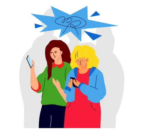 News Anxiety Modern Colorful Flat Design Style Illustration On White Background A Scene With Two Girls With Phones In Their Hands Reading Angry Comments And Condemning News Violence Idea Illustration