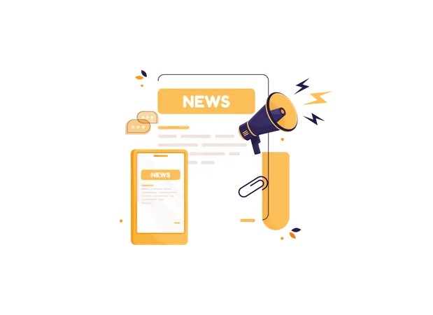 Newspaper With News With Megaphone And Phone Daily Or Weekly Breaking News Sheets Of Paper With Header And Digital News Flat Design Icon In Cartoon Style Yellow Press Illustration