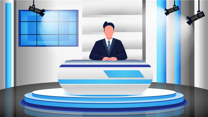 News Program Flat Color Vector Illustration Male Newscaster Newsreader Anchorman 2 D Cartoon Character With Studio On Background Professional News Presenter In Spotlights Television Broadcast Illustration