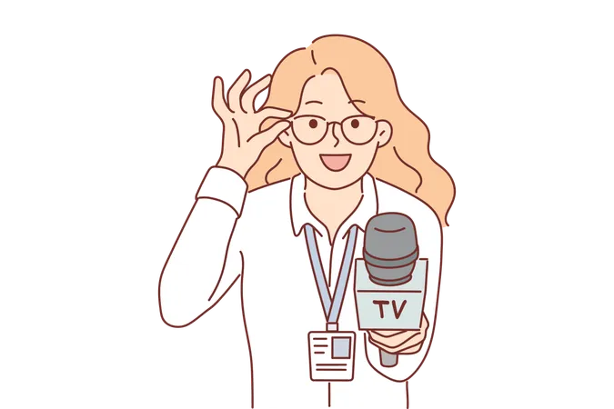 Woman Reporter With Microphone Adjusts Glasses And Interviews Politician Or Manager Of Large Corporation Girl Holds Out Microphone To Screen While Filming Report For Tv Show With Expert Opinion Illustration