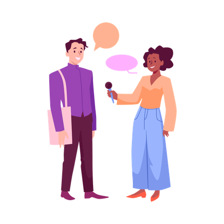 News reporter woman with microphone interviewing man mass media correspondent  Illustration