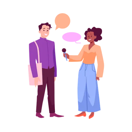 News reporter woman with microphone interviewing man mass media correspondent  Illustration