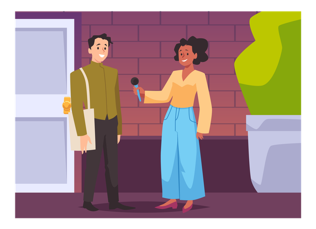News reporter woman with microphone interviewing man media correspondent  Illustration
