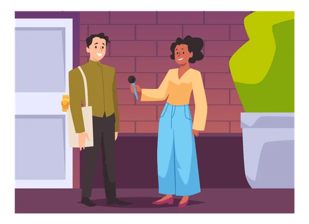 News reporter woman with microphone interviewing man media correspondent  Illustration